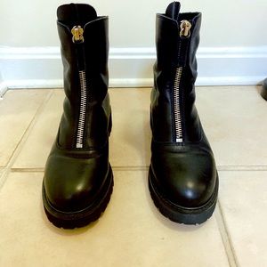 Black leather women boots zip front low heels comfortable US 7